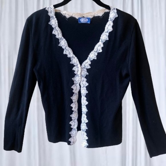 Blugirl Blumarine Black Cardigan Sweater Lace Trim Italian Designer Womens 6 - Picture 7 of 13
